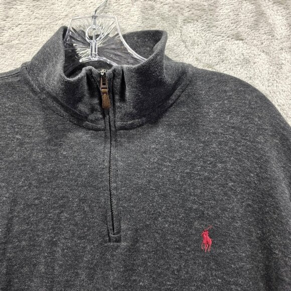Polo Ralph Lauren Sweater Mens XL Gray Estate Rib Quarter Zip Pullover Red Pony - Picture 2 of 8